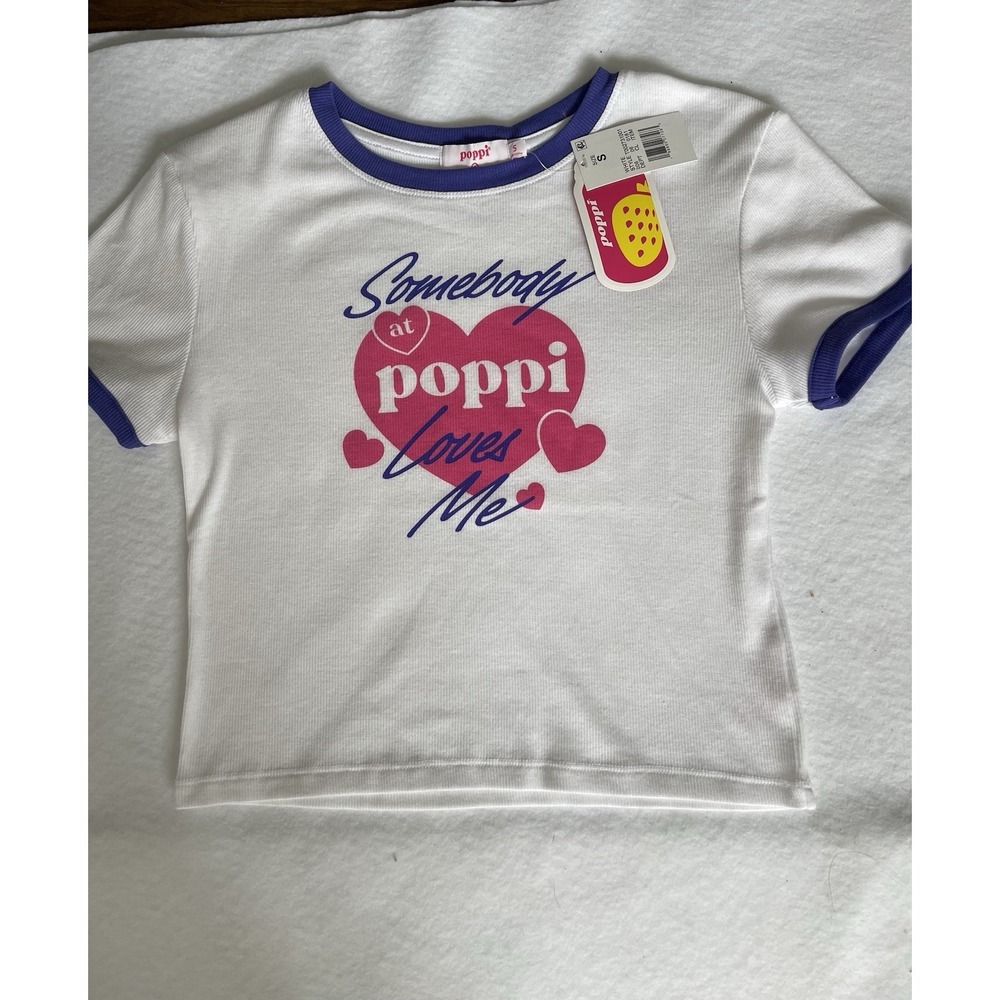 Poppi White Purple Ringer Heart Graphic Print Short Sleeve T-Shirt Womens S